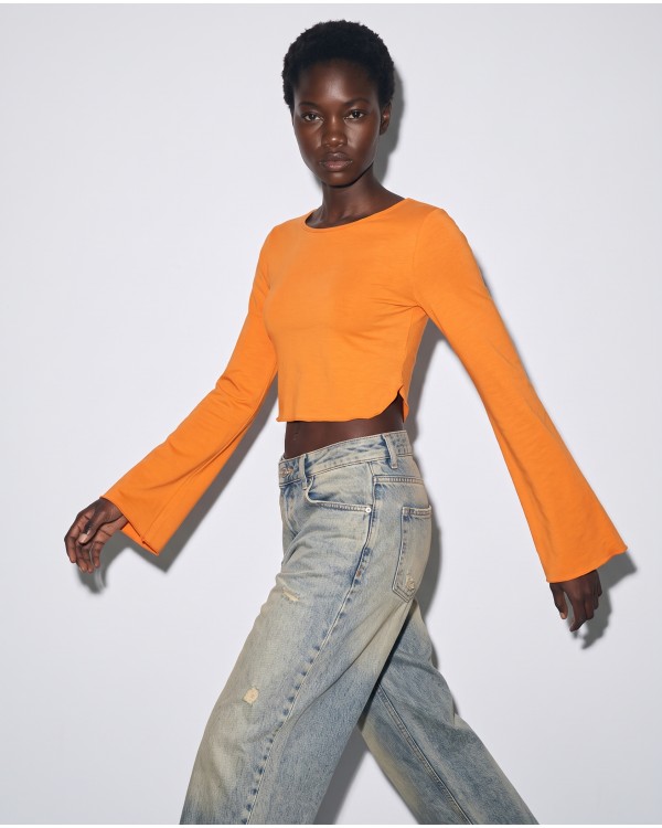 Crop top viscose με μανίκι καμπάνα πορτοκαλί