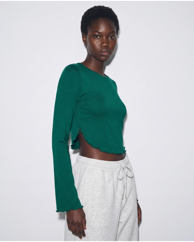 Crop top viscose με μανίκι καμπάνα πράσινο σκούρο