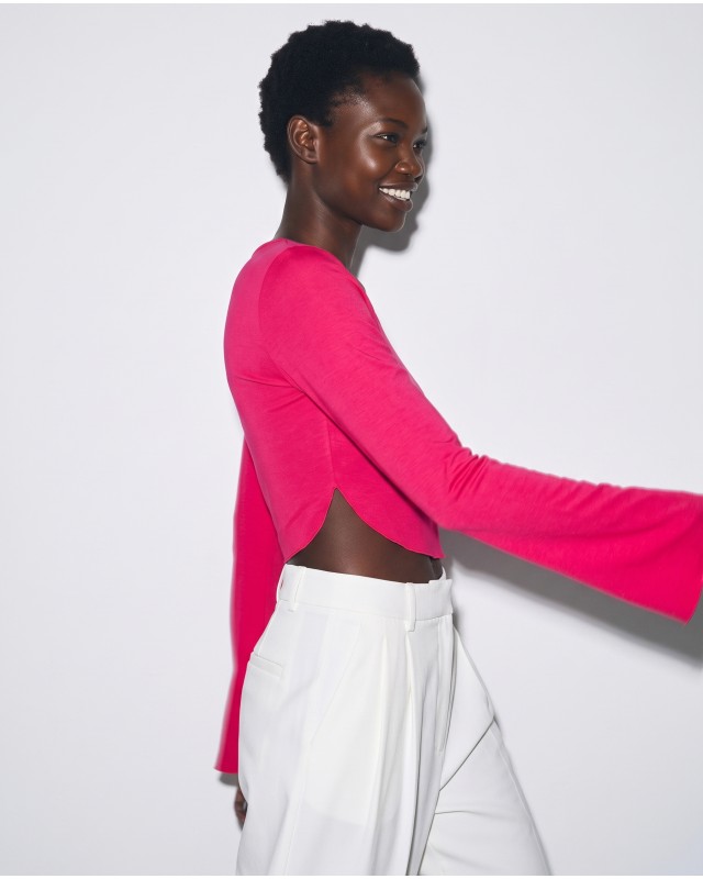 Crop top viscose με μανίκι καμπάνα φούξια