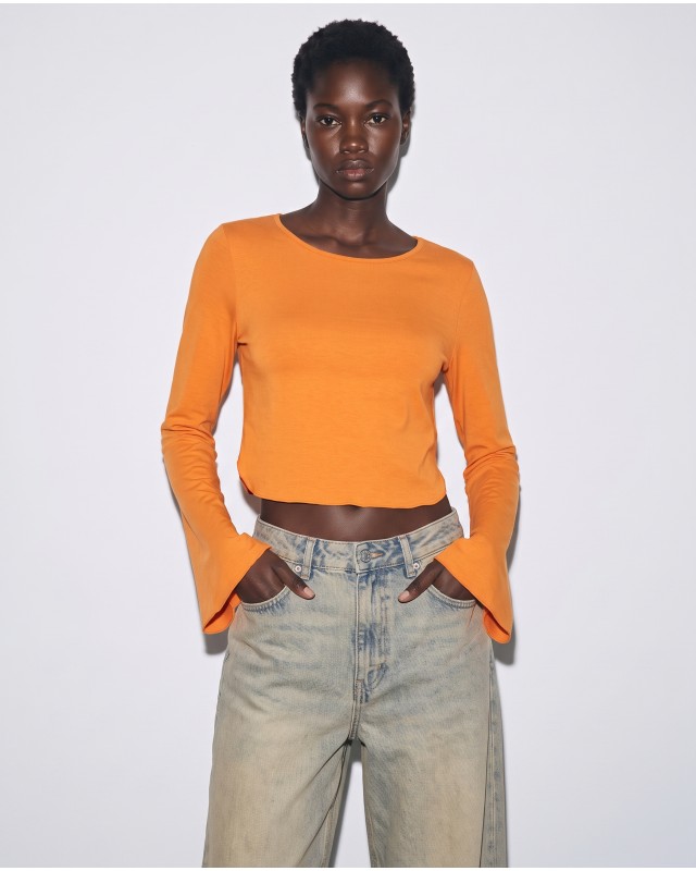 Crop top viscose με μανίκι καμπάνα πορτοκαλί