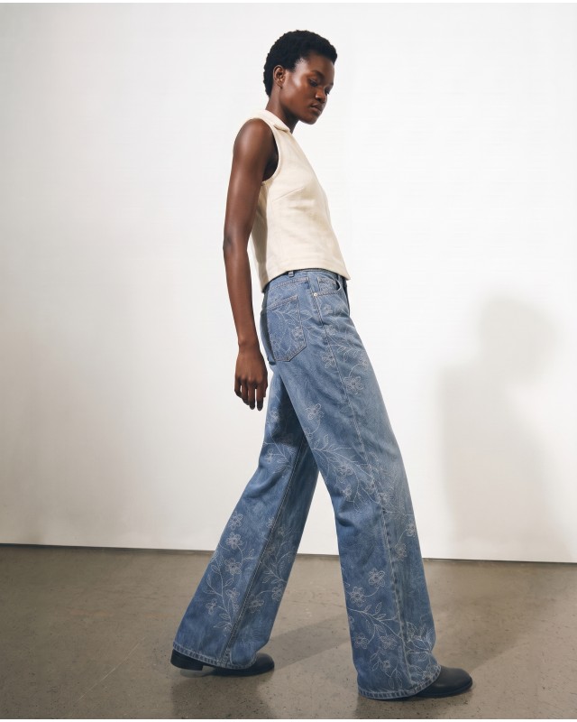 Floral Embroidered Wide Leg Jeans