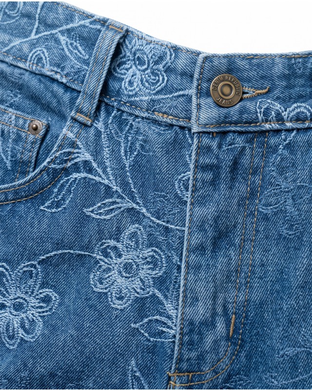 Floral Embroidered Wide Leg Jeans