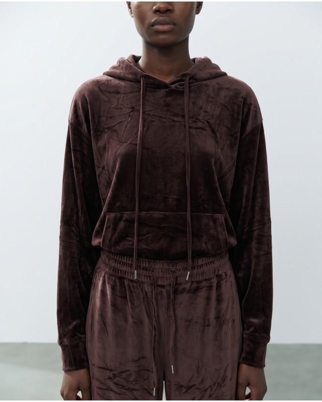 Βελουτέ Σετ Φόρμας με Hoodie και Παντελόνα καφέ