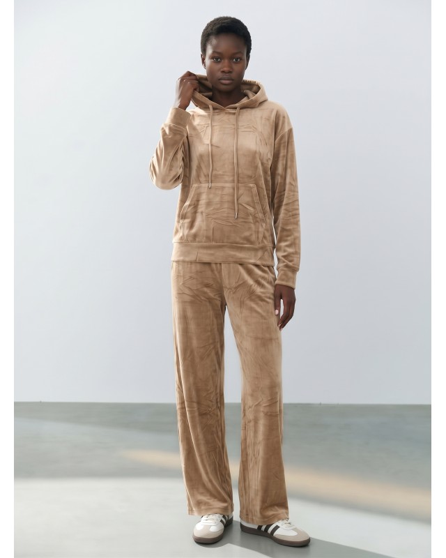 Βελουτέ Σετ Φόρμας με Hoodie και Παντελόνα μπεζ