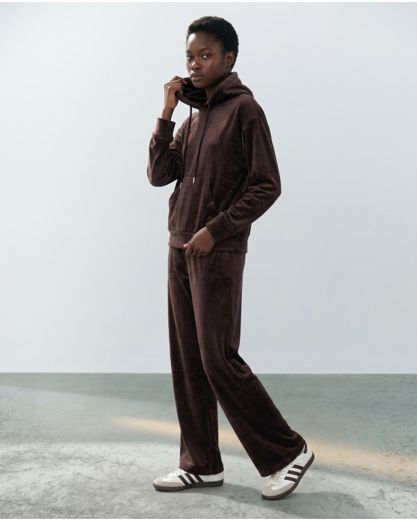 Βελουτέ Σετ Φόρμας με Hoodie και Παντελόνα καφέ