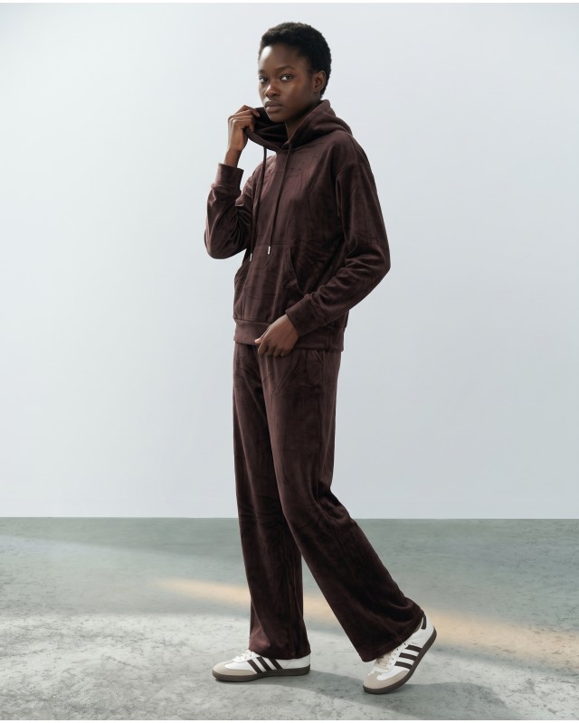 Βελουτέ Σετ Φόρμας με Hoodie και Παντελόνα καφέ
