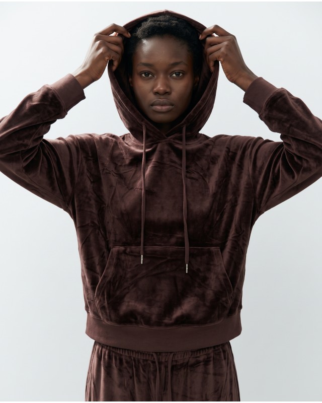 Βελουτέ Σετ Φόρμας με Hoodie και Παντελόνα καφέ