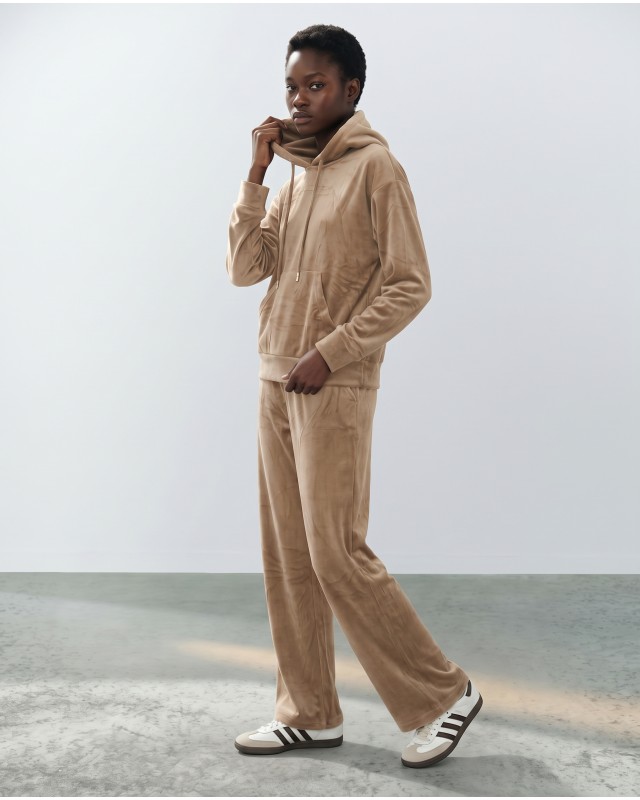 Βελουτέ Σετ Φόρμας με Hoodie και Παντελόνα μπεζ