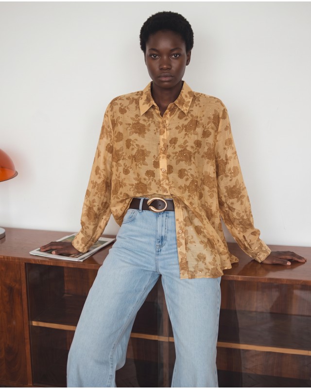 Printed Rhinestone Shirt Gold Ochre