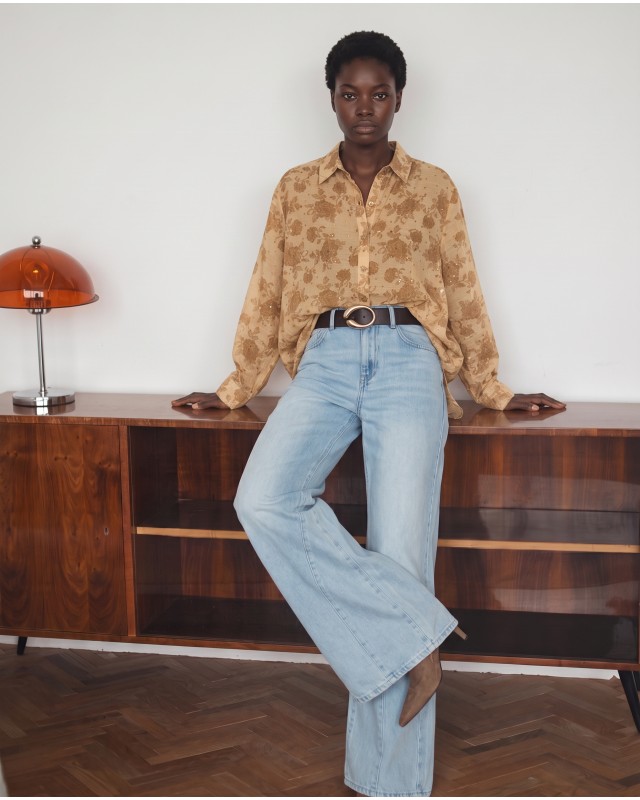 Printed Rhinestone Shirt Gold Ochre