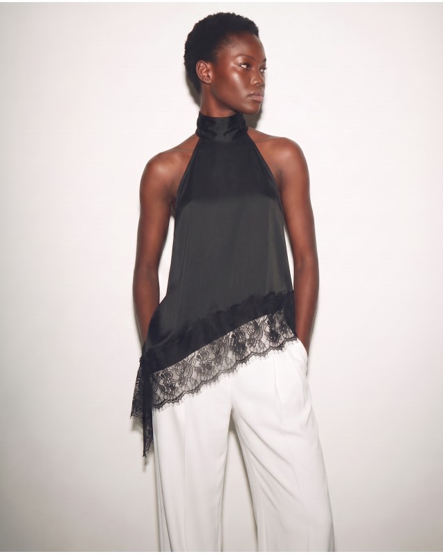 Asymmetric Satin Lace Top black