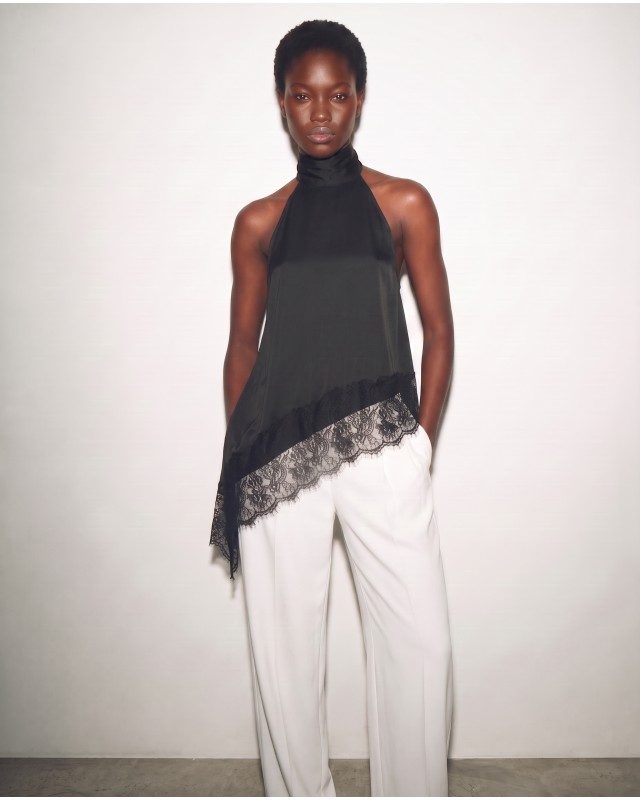 Asymmetric Satin Lace Top black