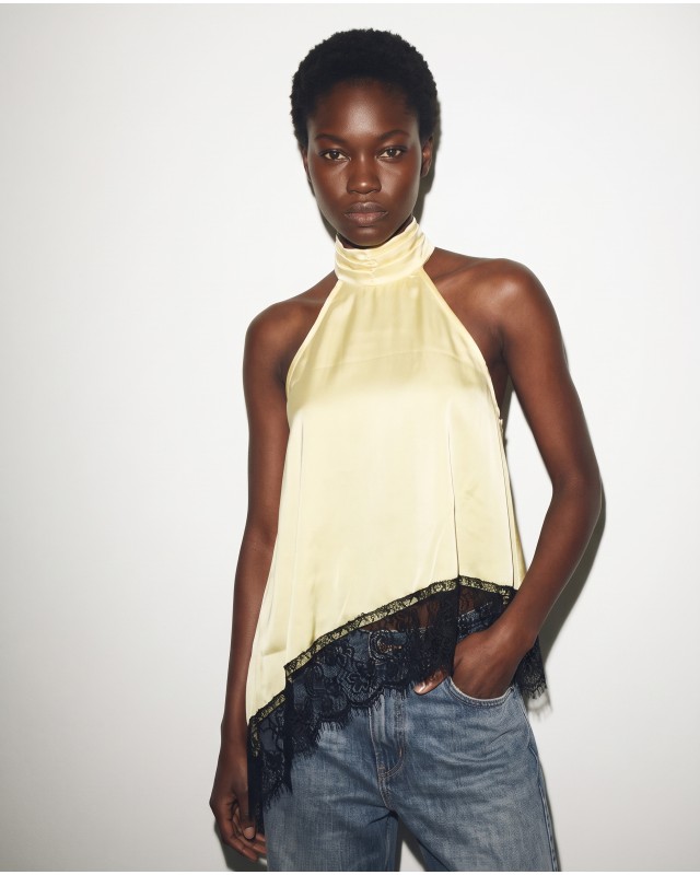Asymmetric Satin Lace Top Light Yellow