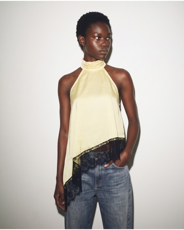 Asymmetric Satin Lace Top Light Yellow
