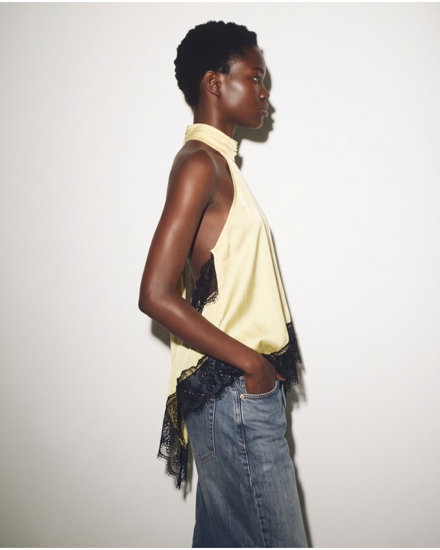 Asymmetric Satin Lace Top Light Yellow