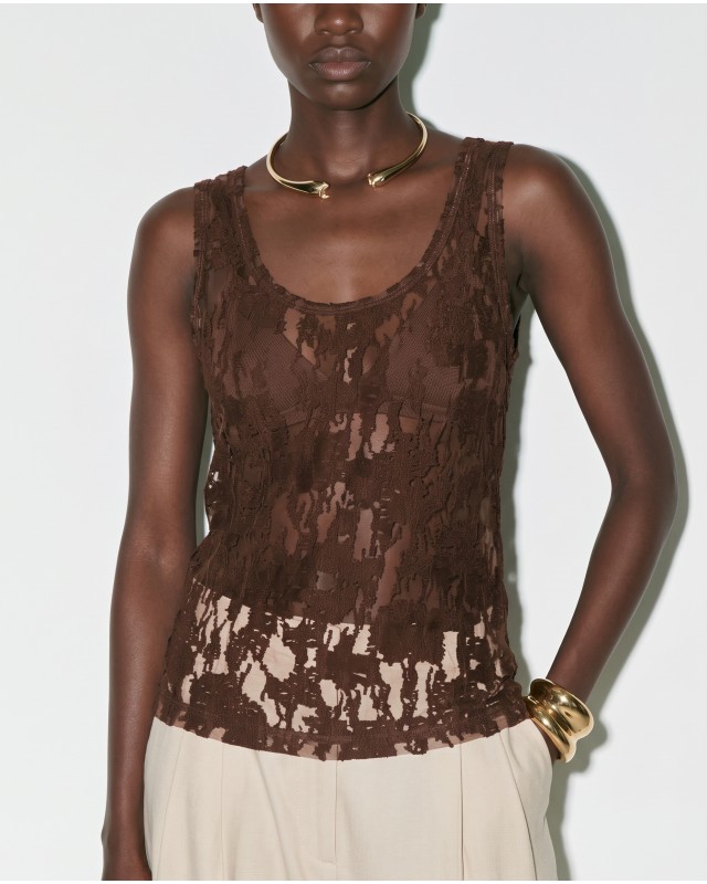 Sheer Lace Tank Top - Brown