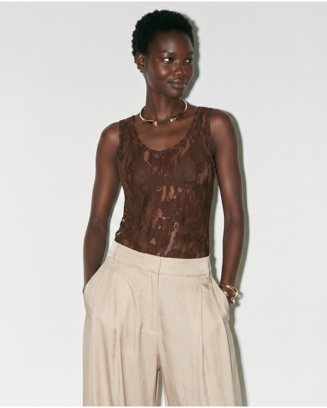 Sheer Lace Tank Top - Brown