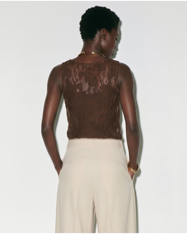 Sheer Lace Tank Top - Brown