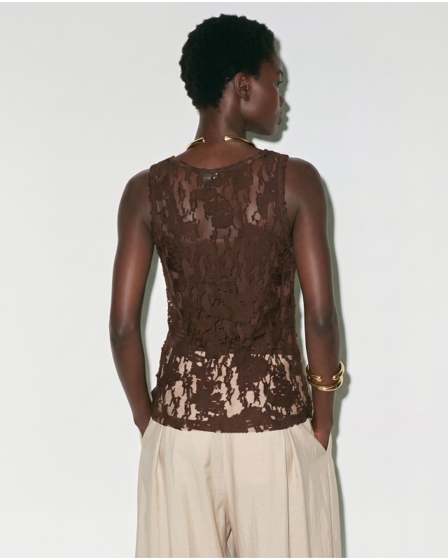 Sheer Lace Tank Top - Brown