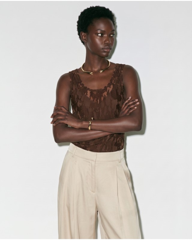 Sheer Lace Tank Top - Brown