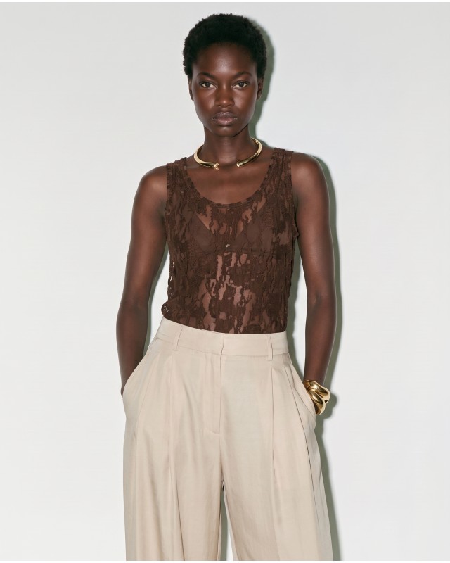 Sheer Lace Tank Top - Brown