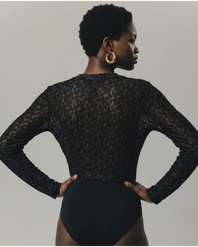 Sheer Paisley Long Sleeve Top - black