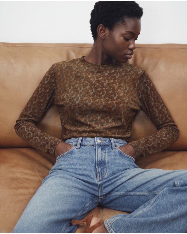 Sheer Paisley Long Sleeve Top - Brown