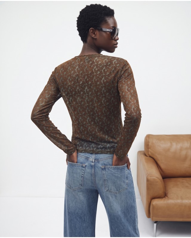 Sheer Paisley Long Sleeve Top - Brown