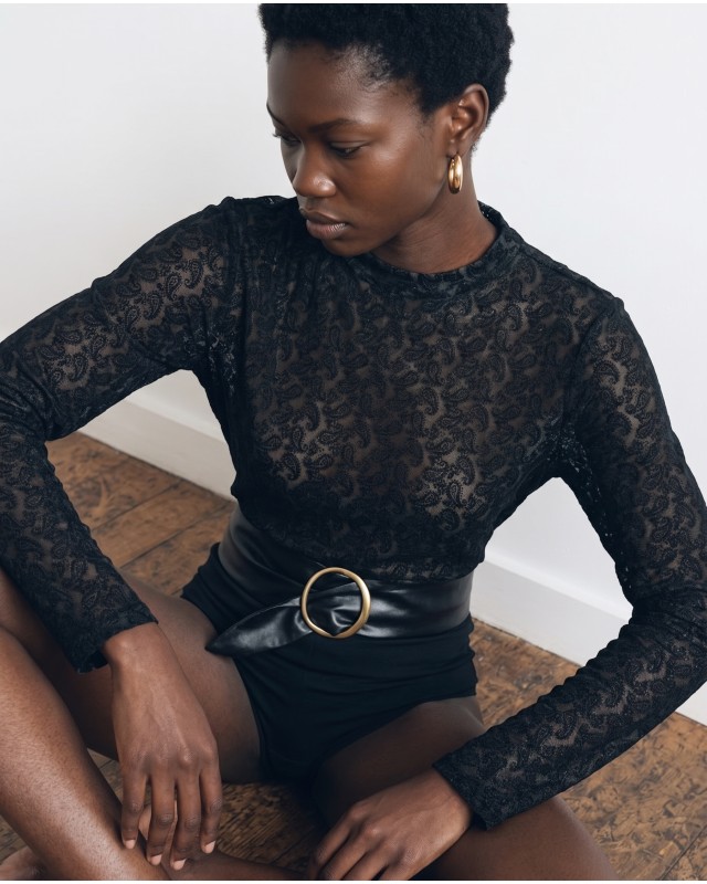 Sheer Paisley Long Sleeve Top - black