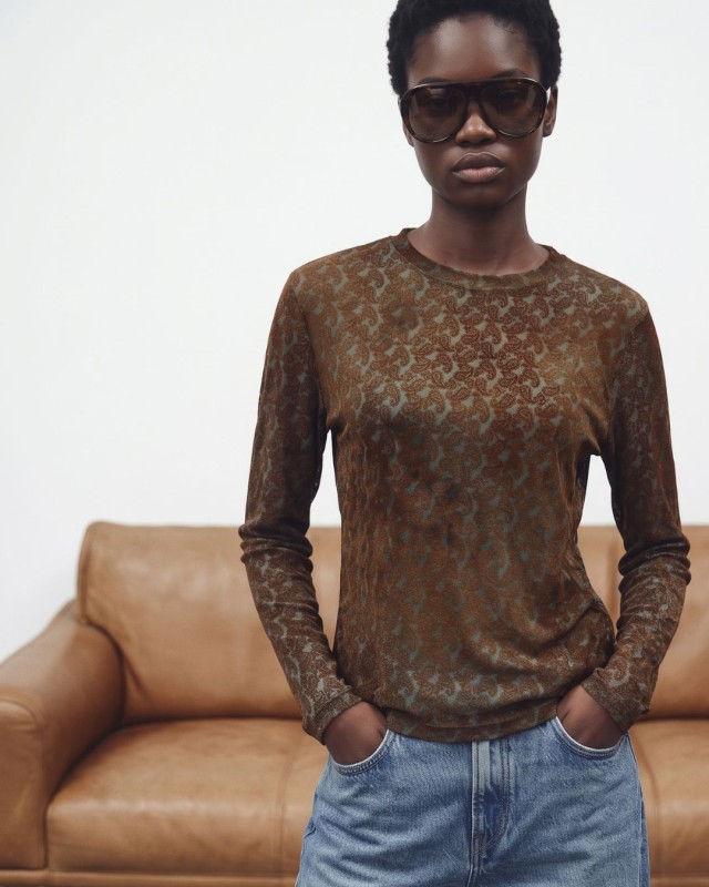 Sheer Paisley Long Sleeve Top - Brown