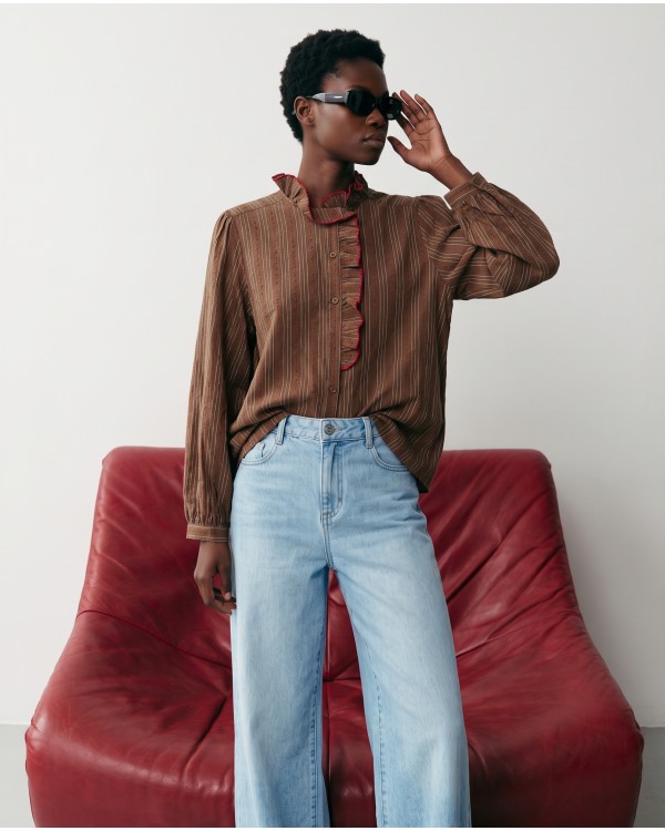 Striped Ruffle Collar Blouse - Cream