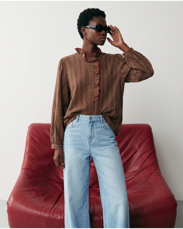 Striped Ruffle Collar Blouse - Brown