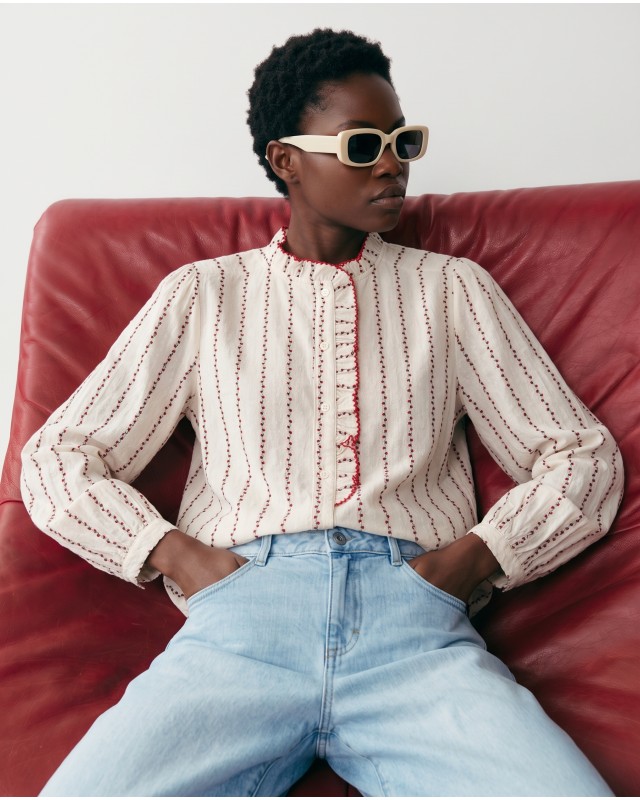 Striped Ruffle Collar Blouse - Cream