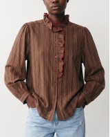 Striped Ruffle Collar Blouse - Brown