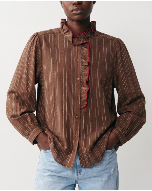 Striped Ruffle Collar Blouse - Brown