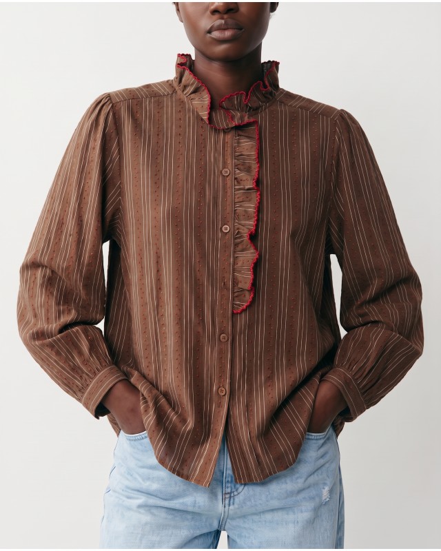 Striped Ruffle Collar Blouse - Brown