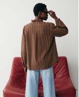 Striped Ruffle Collar Blouse - Brown