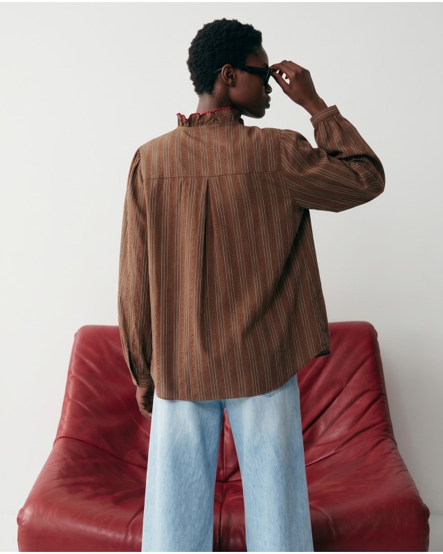 Striped Ruffle Collar Blouse - Brown