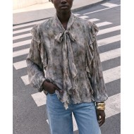 Printed Ruffle Tie Blouse - Grey Multi