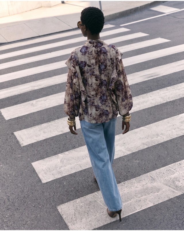 Printed Ruffle Tie Blouse - Beige Floral