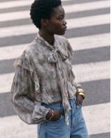 Printed Ruffle Tie Blouse - Grey Multi