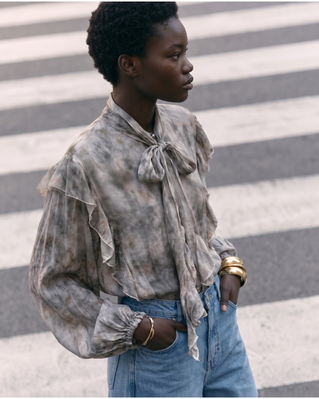 Printed Ruffle Tie Blouse - Grey Multi