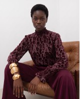 Velvet Leopard Sheer Blouse - Burgundy