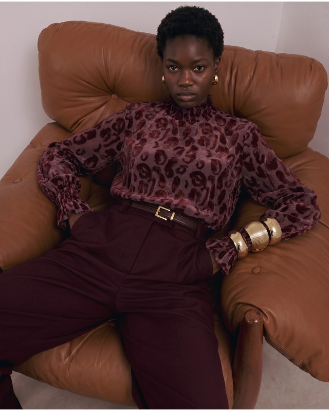 Velvet Leopard Sheer Blouse - Burgundy