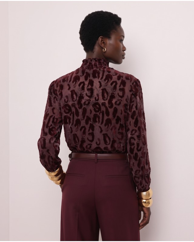 Velvet Leopard Sheer Blouse - Burgundy