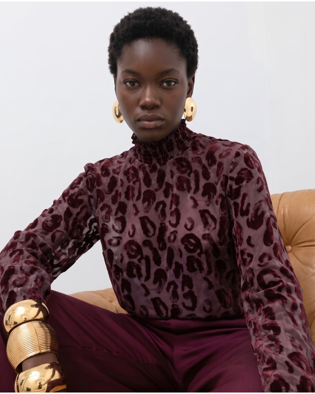 Velvet Leopard Sheer Blouse - Burgundy