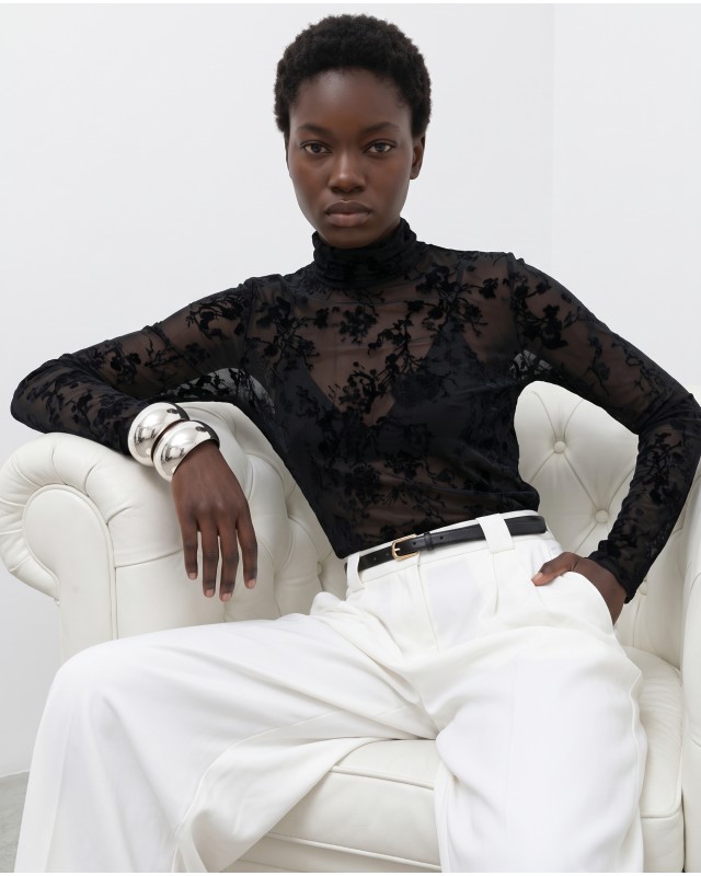 Sheer Floral Turtleneck blouse- black 
