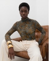 Sheer Floral Turtleneck blouse - Olive Khaki