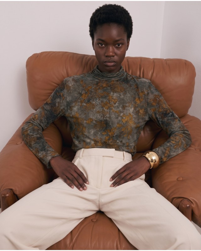 Sheer Floral Turtleneck blouse - Olive Khaki