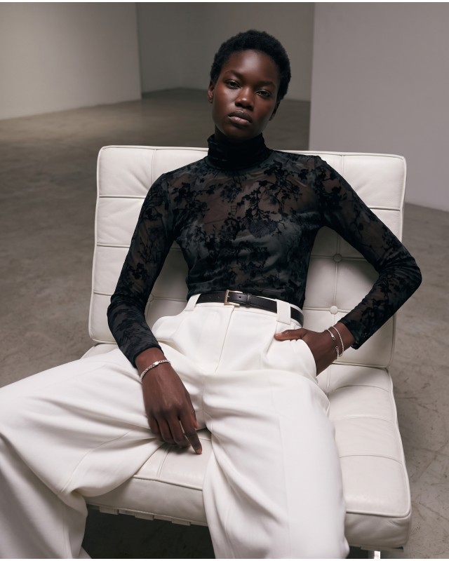 Sheer Floral Turtleneck blouse- black 